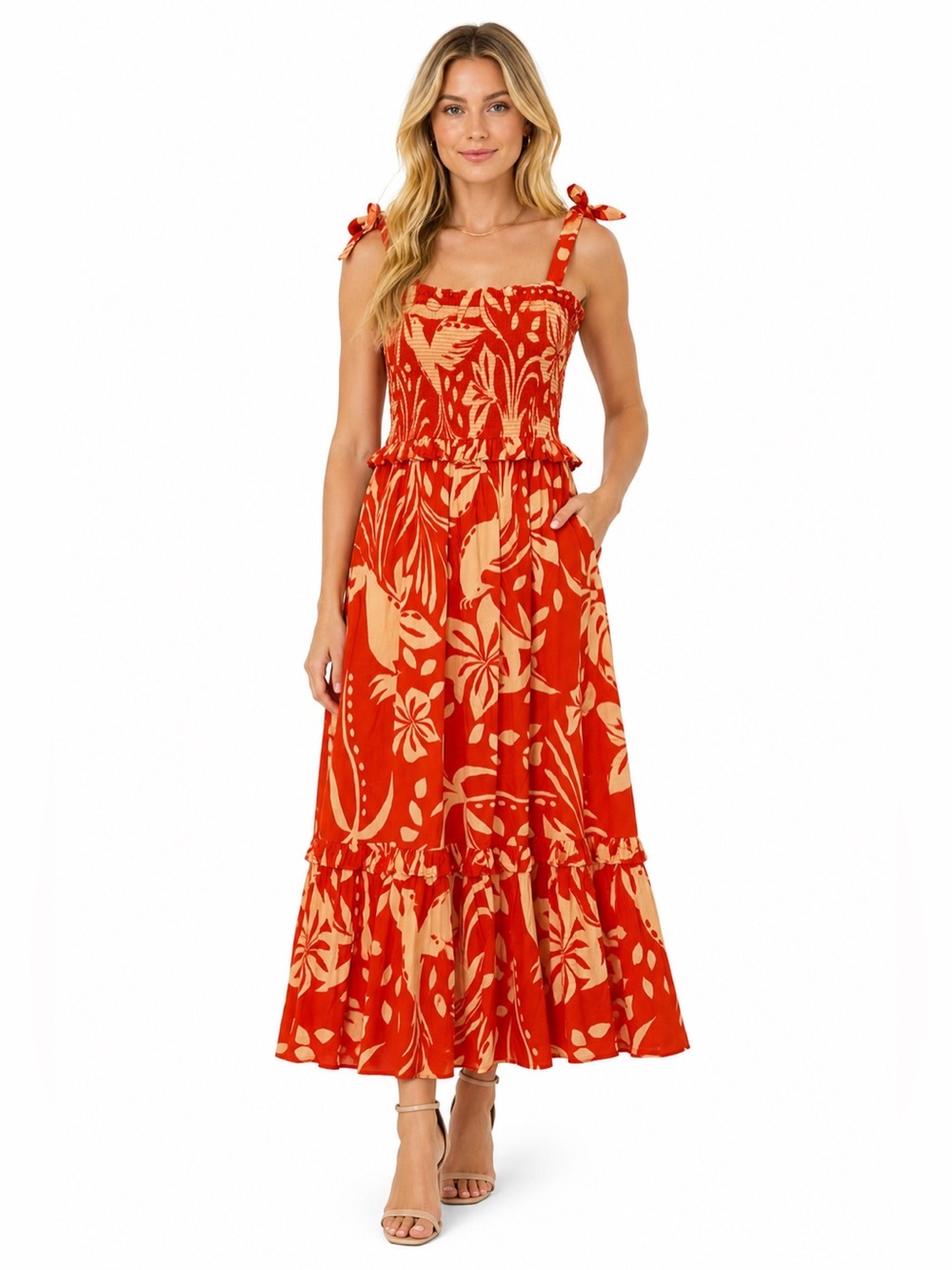 Patrons of Peace Orange Tropical Smocked Tie Strap Midi Dress M
